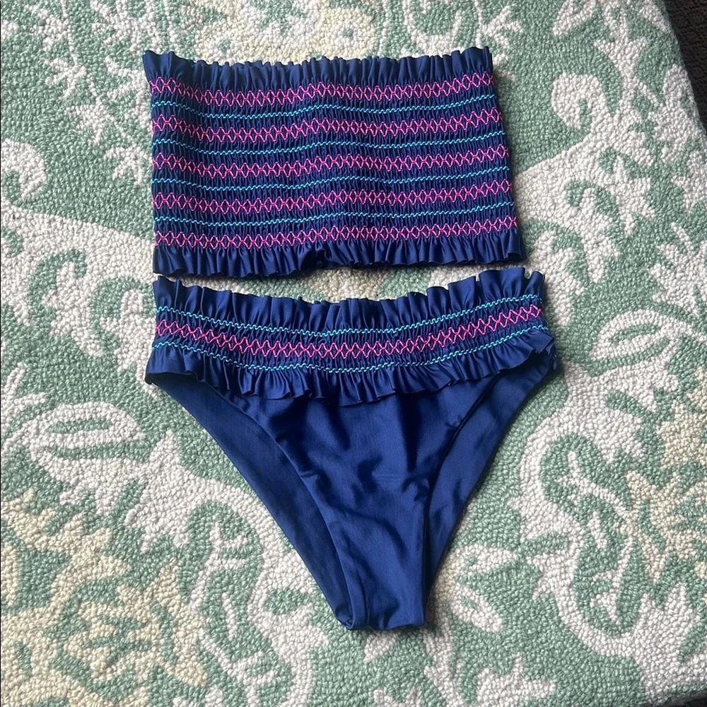 Mosmann Australia Navy Smocked Strapless Bikini Set Size Small‎